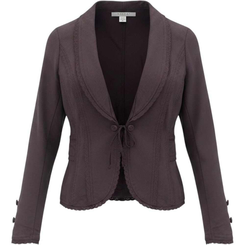 Nougat London Cotton Lace Trim Tie Front Jacket Blazer Eggplant Purple Size 3